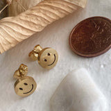 "Don't Worry, Be Happy" Happy Face Stud Earrings in Gold