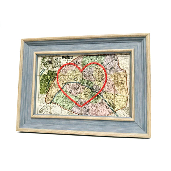 Paris Heart Map - Blue Rustic Frame