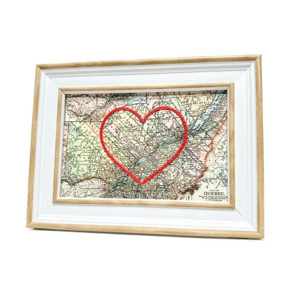 Quebec Heart Map - White Rustic Frame