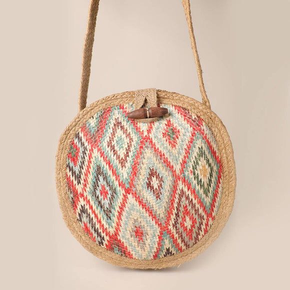 Boho Patterned Straw Round Crossbody Bag: One Size / NATURAL