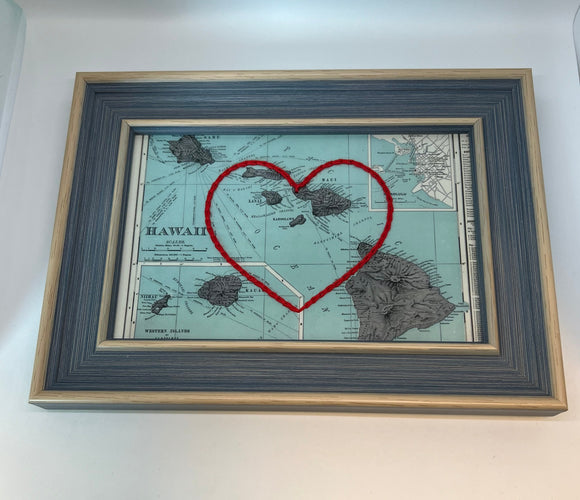 Hawaii Heart Map - Blue Rustic Frame