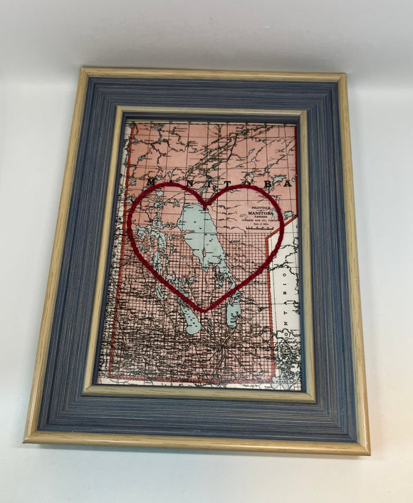 Manitoba Heart Map - Blue Rustic Frame
