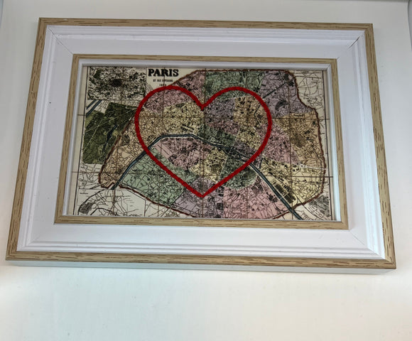 Paris Heart Map - White Rustic Frame