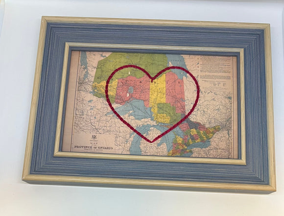 Ontario Heart Map - Blue Rustic Frame