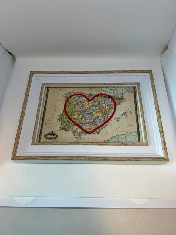 Spain Heart Map - White Rustic Frame