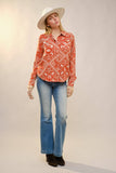 Western Printed Long Sleeve Button-Up Shirt: OFF WHITE RUST