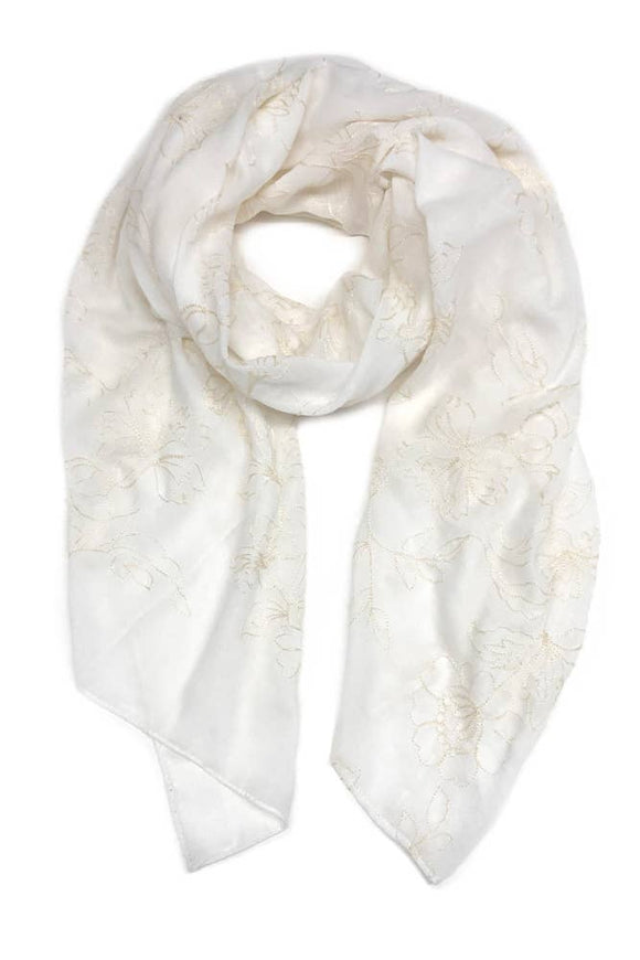 Embroidered Floral Scarf: Ivory