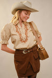 Embroidered Scallop Collar Puff Sleeve Top: TAUPE