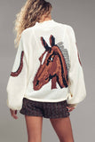 Western Horse Intarsia Cardigan: IVORY