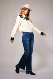 Embroidered Contrast Yoke Western Shirt: CREAM BLACK