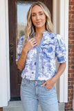 Western Wild Animal Paradise Striped Detail V Neck Blouse: Blue