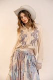 Horse Embroidered Button Blouse: SAND