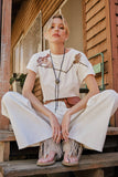Embroidered Shoulder Western Yoke T-Shirt: OFF WHITE