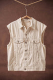 Western Sunset Embroidered Denim Vest: OATMEAL