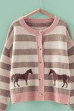 Horse Jacquard Striped Crew Neck Cardigan: Pink