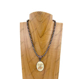 15 inches silver Navajo pearl beads with oval cowboy pendent Necklace: COPPER