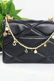 Inspired Pearl&Leather Interwoven Bag Charm Chain Strap: Black