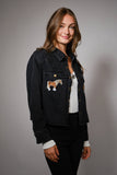Horse Embroidered Cropped Denim Shirt: WASHED BLACK