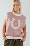 Western Horseshoe Crochet Knit Ribbed Trim Sweater Vest