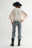 Boho Embroidered Sheer Blouse Flowy Bell Sleeves: CREAM