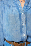 Ruffle Neck Denim Snap Button Shirt: WASHED BLUE