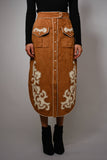 Suede Embroidered Patch Midi Skirt: CAMEL