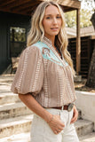 Western Pony Embroidered Yoke Puff Sleeve Gingham Blouse: Brown
