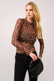 Leopard Mesh Mock Neck Fitted Top: LEOPARD