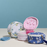 Blue Quilted Floral Round Coin Pouch – Zipper Coin Purse with Tassel: Blue