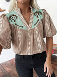 Western Pony Embroidered Yoke Puff Sleeve Gingham Blouse: Brown
