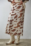 Woven Cow Print Satin Midi Skirt: Taupe Multi