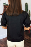 Western Puff Sleeve Contrast Embroidered Detail Blouse: Black