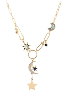 Celestial Coin Charm Hamsa Necklace Lariat Moon