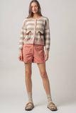 Horse Jacquard Striped Crew Neck Cardigan: Pink