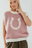 Western Horseshoe Crochet Knit Ribbed Trim Sweater Vest