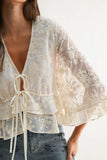 Boho Embroidered Sheer Blouse Flowy Bell Sleeves: CREAM