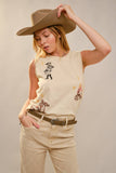 Western Motif Embroidered Sleeveless Top: SAND