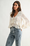 Boho Embroidered Sheer Blouse Flowy Bell Sleeves: CREAM