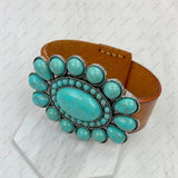 Brown leather with large blue turquoise stone oval concho bracelet