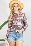 DELANY WESTERN RODEO PRINT SEMI SHEER MESH TOP: Brown