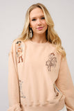 Western Motif Embroidered Graphic Sweatshirt: Tan