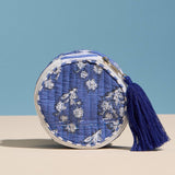 Blue Quilted Floral Round Coin Pouch – Zipper Coin Purse with Tassel: Blue