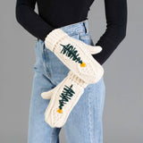 Panache - Beige Cable Knit Mittens w/ Embroidered Tree