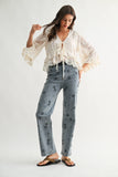 Boho Embroidered Sheer Blouse Flowy Bell Sleeves: CREAM