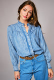 Ruffle Neck Denim Snap Button Shirt: WASHED BLUE