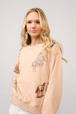 Western Motif Embroidered Graphic Sweatshirt: Tan