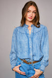 Ruffle Neck Denim Snap Button Shirt: WASHED BLUE