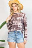 DELANY WESTERN RODEO PRINT SEMI SHEER MESH TOP: Brown