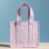 Pink Shell Quilted Mini Tote Bag – Lightweight Floral Striped Everyday Handbag: Pink