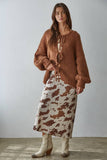 Woven Cow Print Satin Midi Skirt: Taupe Multi